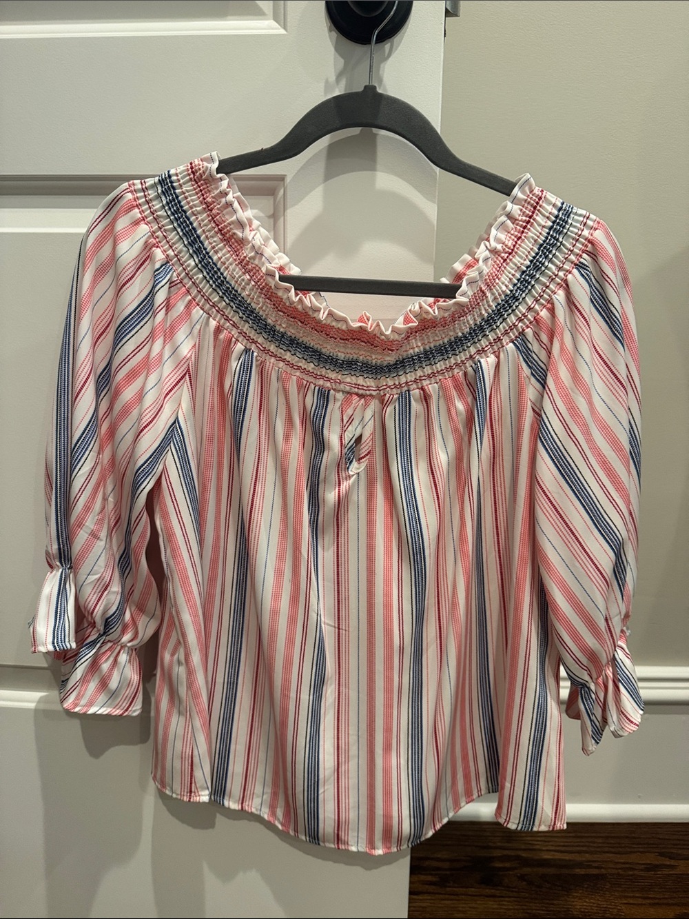 Striped Off-Shoulder Peasant Top in Pink and Blue
